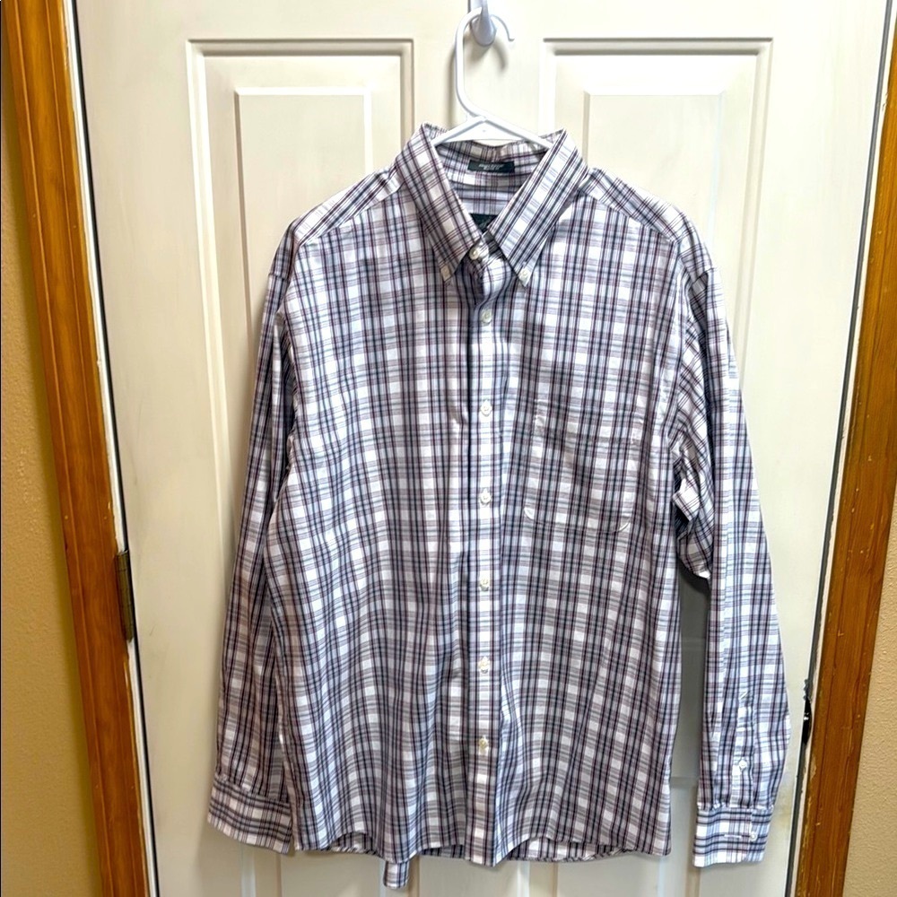 Eddie Bauer Gray White and Red Plaid Cotton Button Down Shirt size L